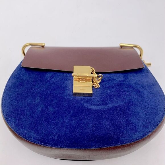 Auth Chloe Drew Mini Two Tone Leather Suede Navy Bordeaux Shoulder Bag - Picture 8 of 15